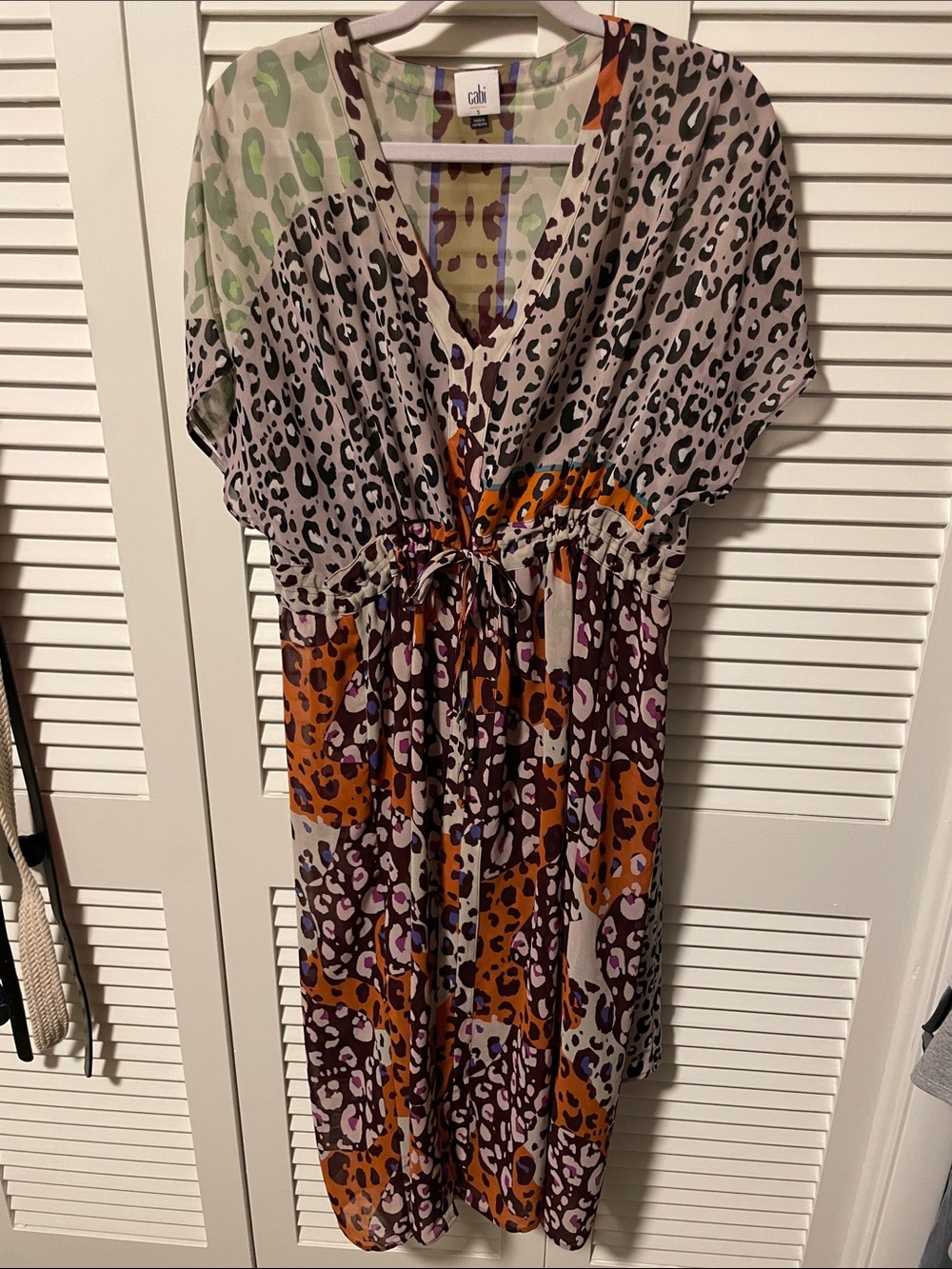 Cabi Escape Mixed Animal Print Drawstring Dress in Orange and Cream